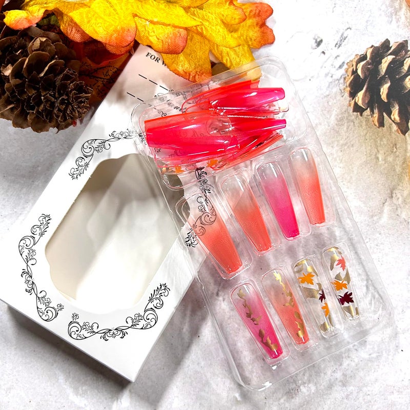 CJDLTS Thanksgiving Press on Nails Long Ballet Shaped Maple Leaf Sequins Design Fall False Nail Full Cover Glossy Gradient Stick on Nail Acrylic Artificial Fingernails Festival Glue on Nails for Women - Image 2